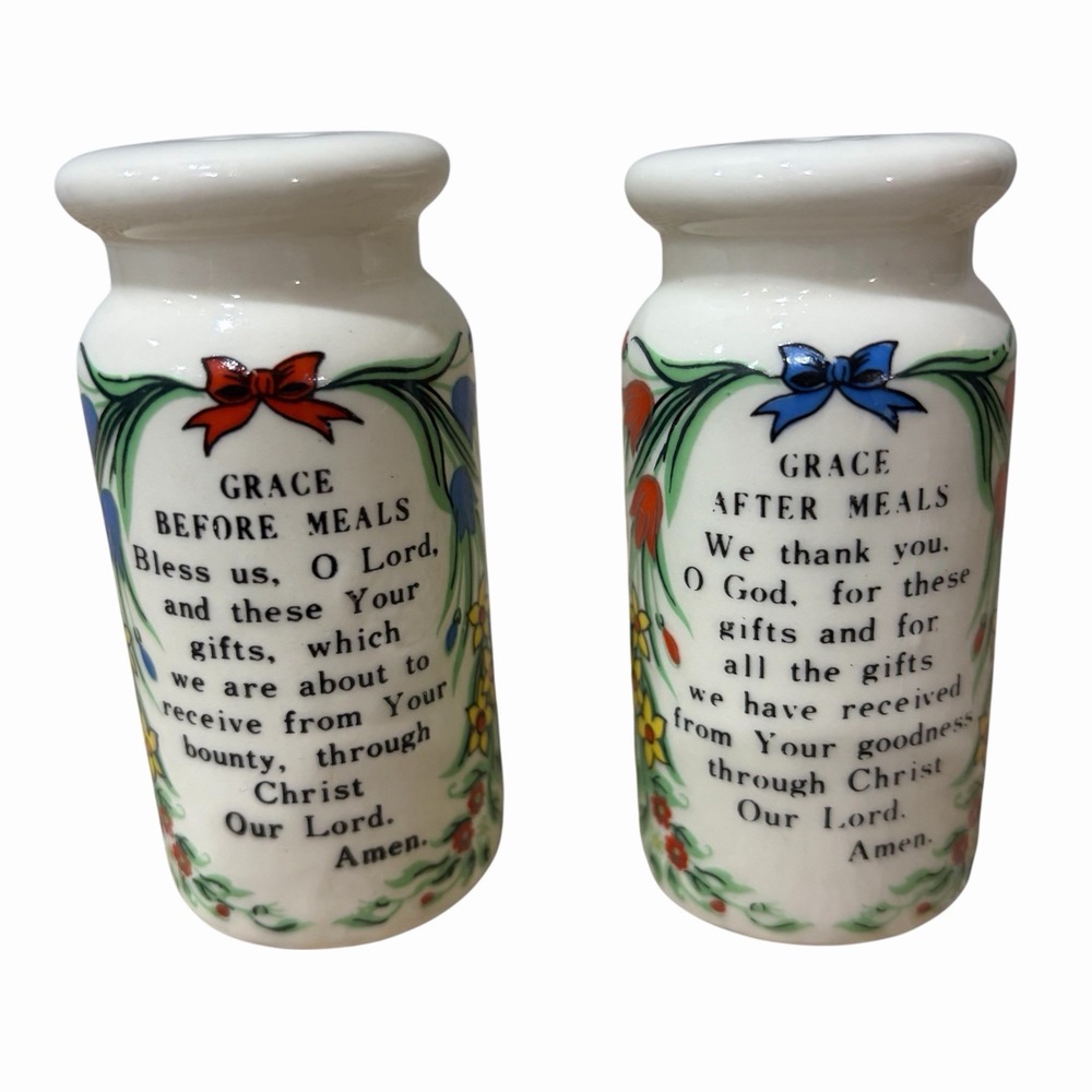 Vtg Grace Before Meals Grace After Meals Plastic Salt and Pepper Shakers 4.5"